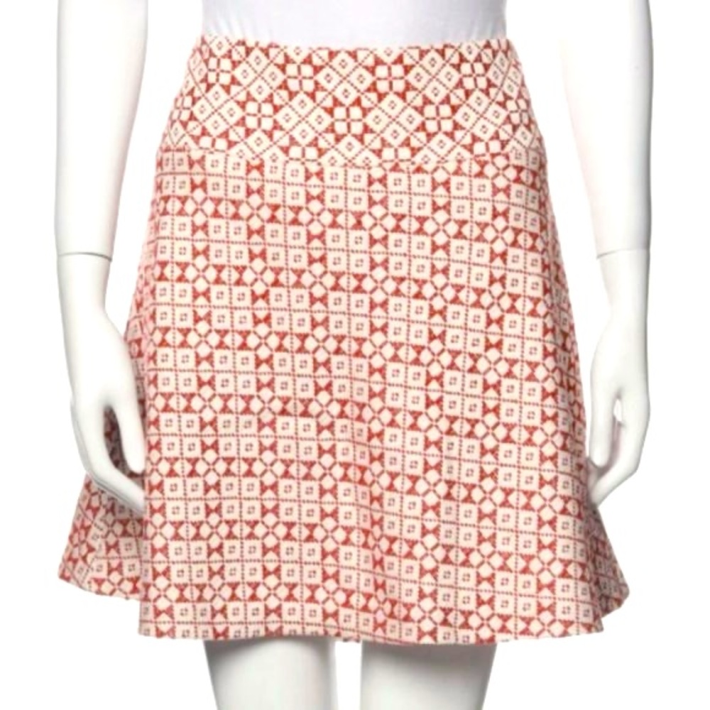 Tory Burch Cream and Coral Patterned A-Line Skirt